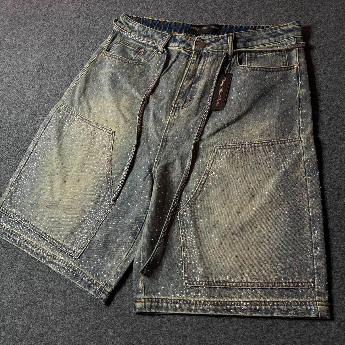 77 Studios double knee rhinestone jort