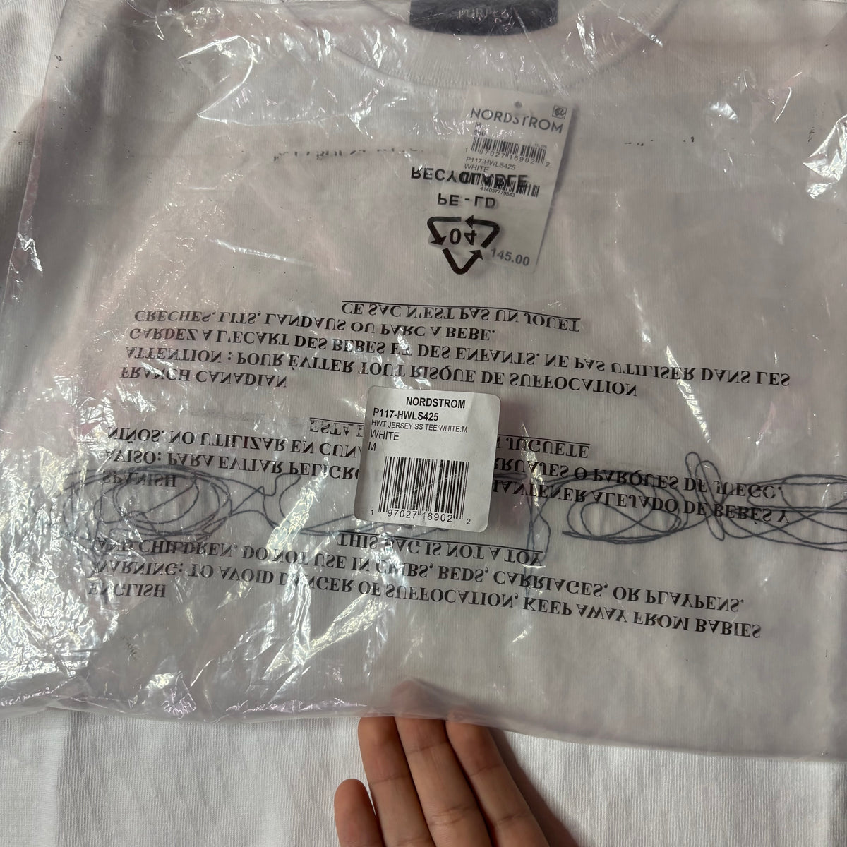 Purple brand script logo white tee