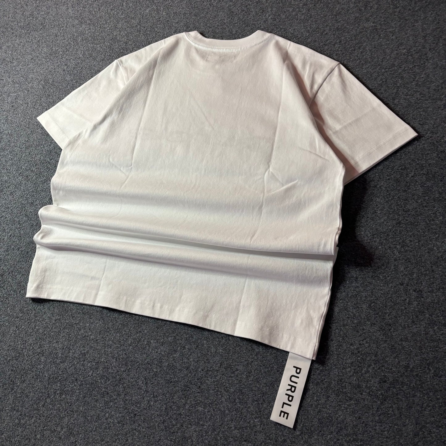 Purple brand script logo white tee