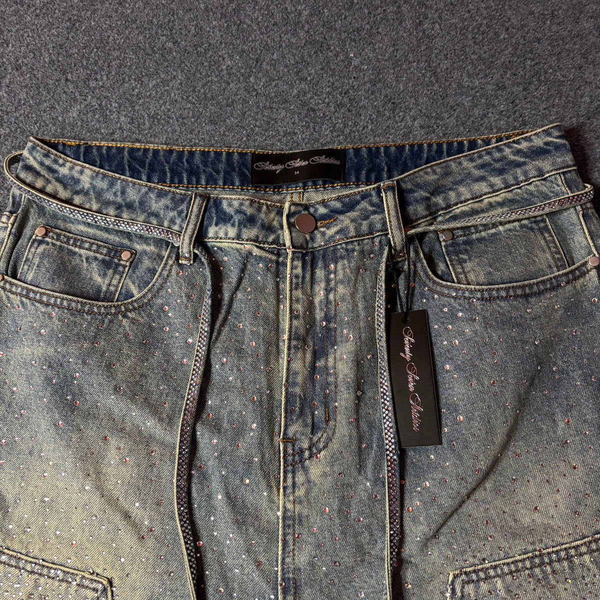 77 Studios double knee rhinestone jort