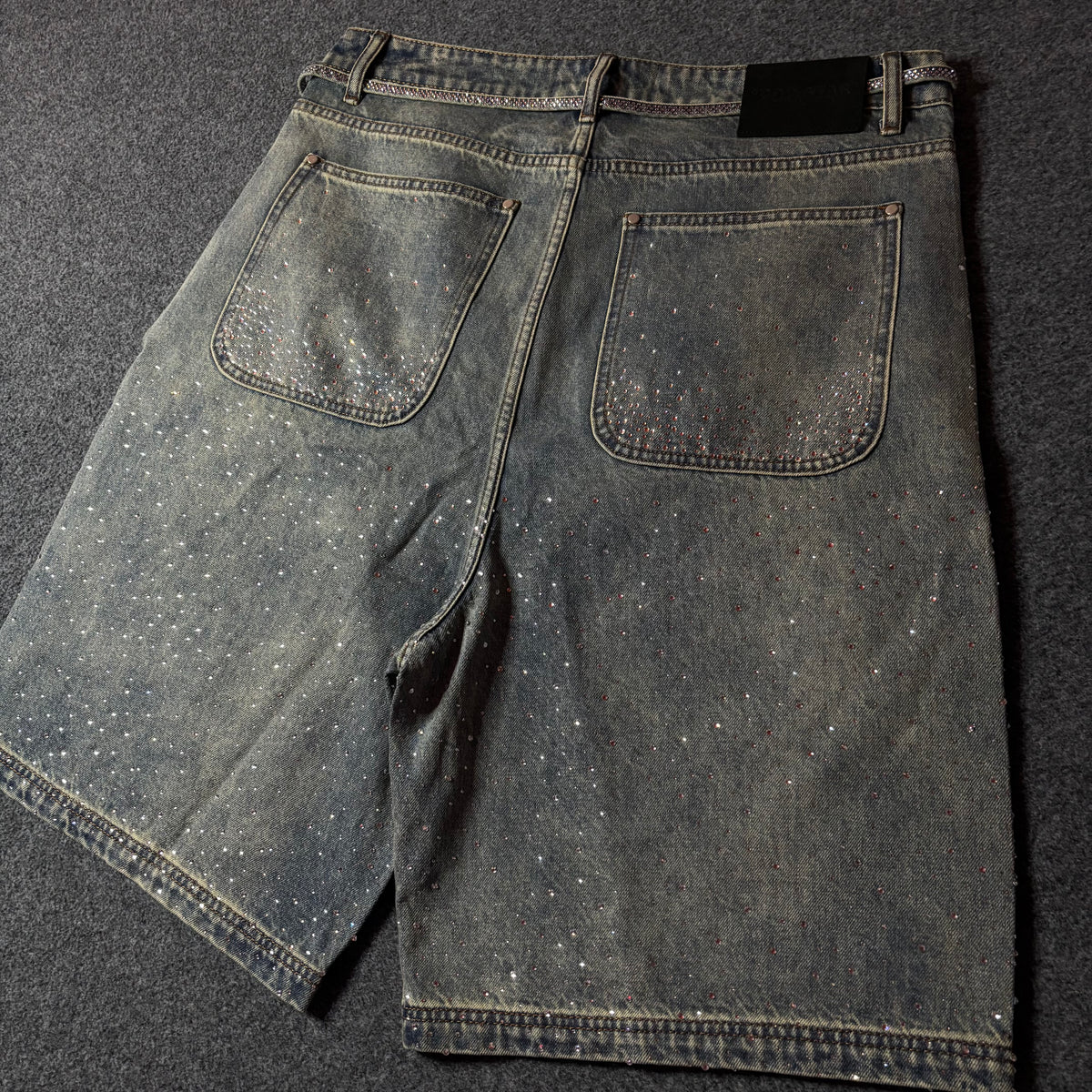 77 Studios double knee rhinestone jort