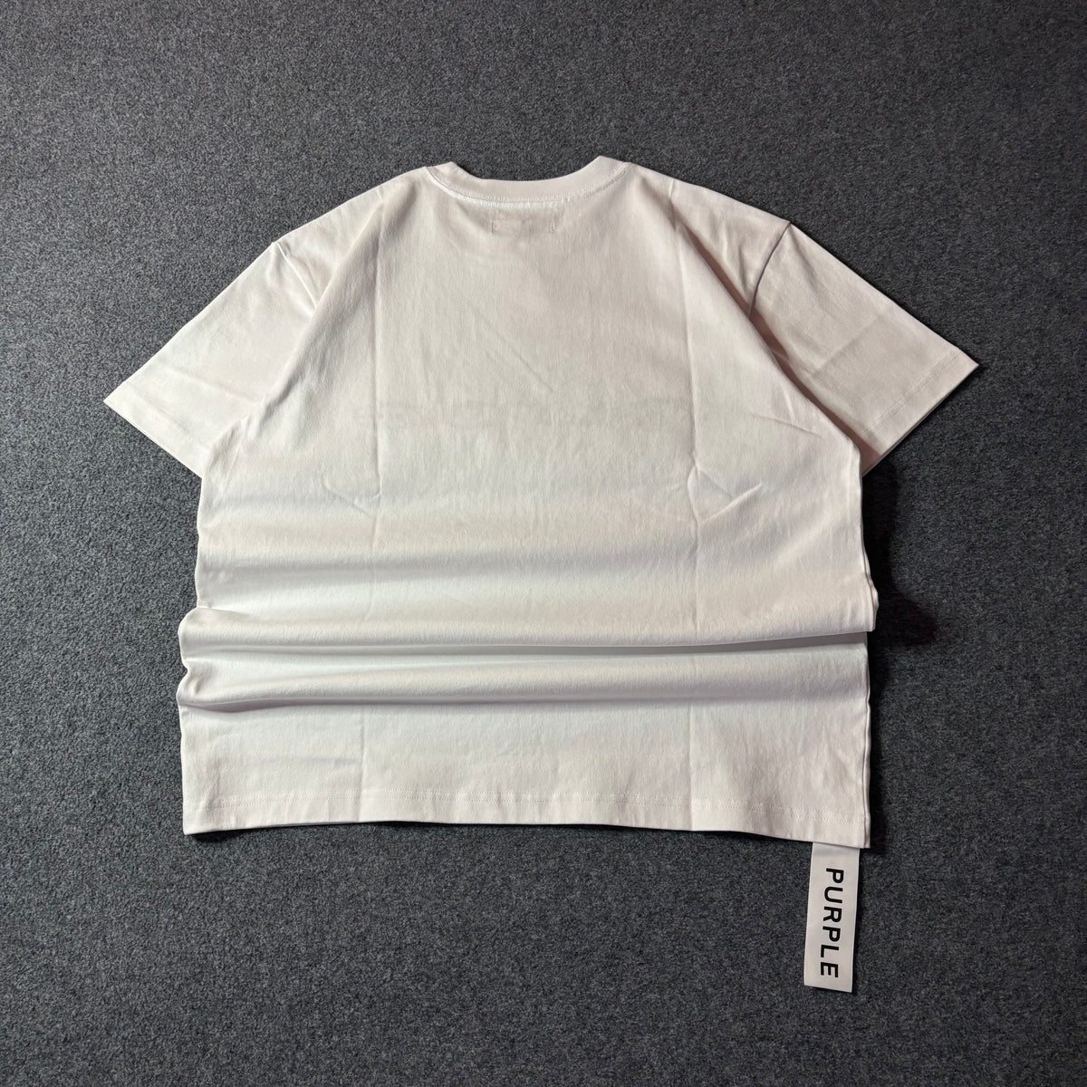 Purple brand script logo white tee