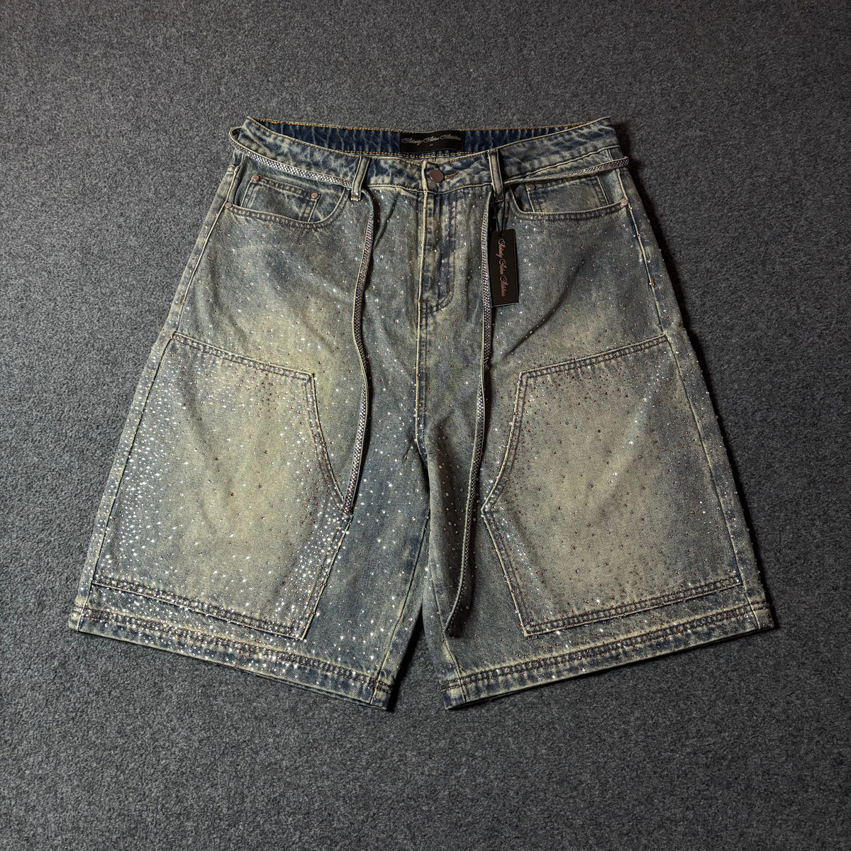 77 Studios double knee rhinestone jort