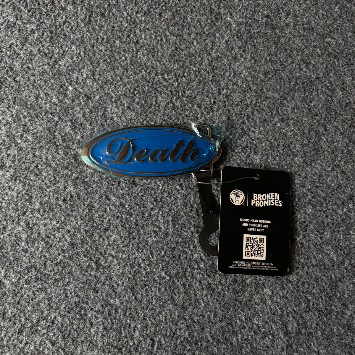 Broken Promises death blue belt buckle