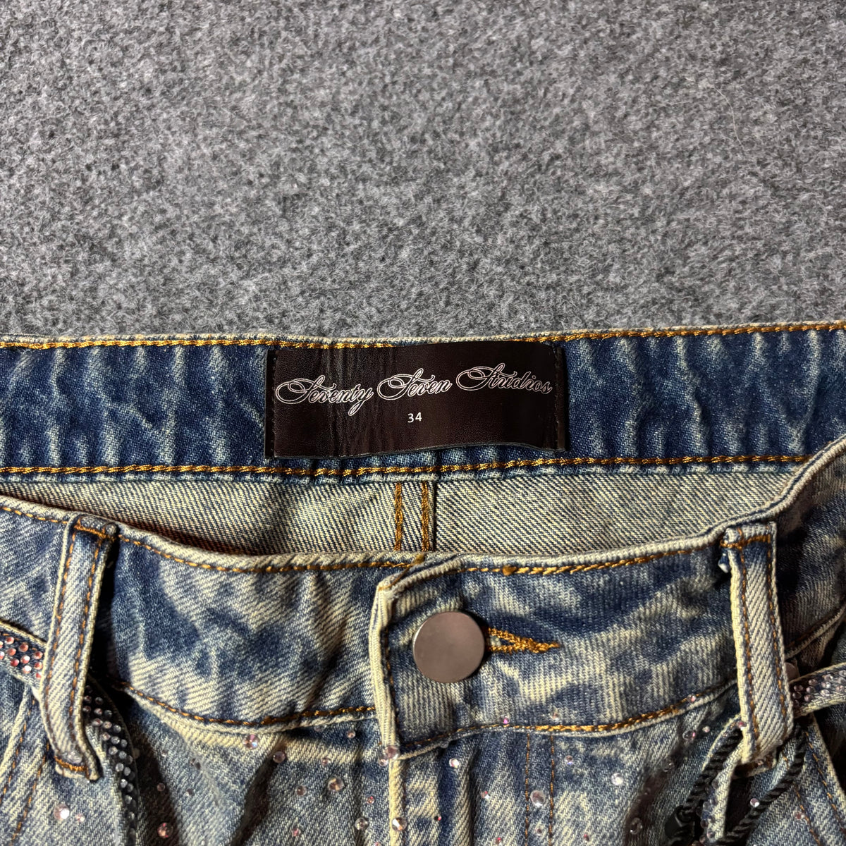 77 Studios double knee rhinestone jort