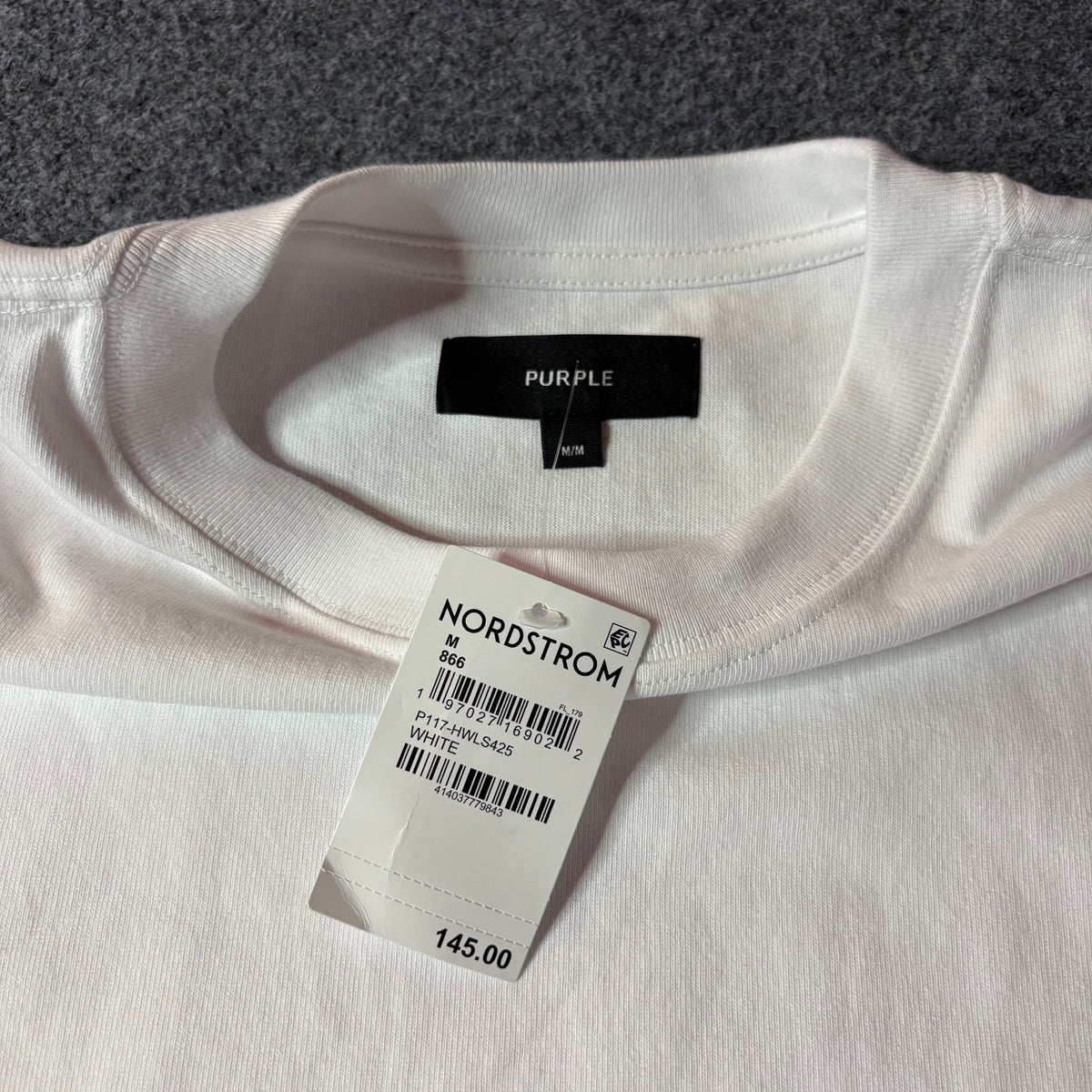 Purple brand script logo white tee