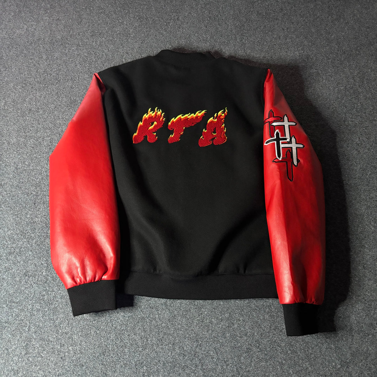 RTA varsity jacket flames logo