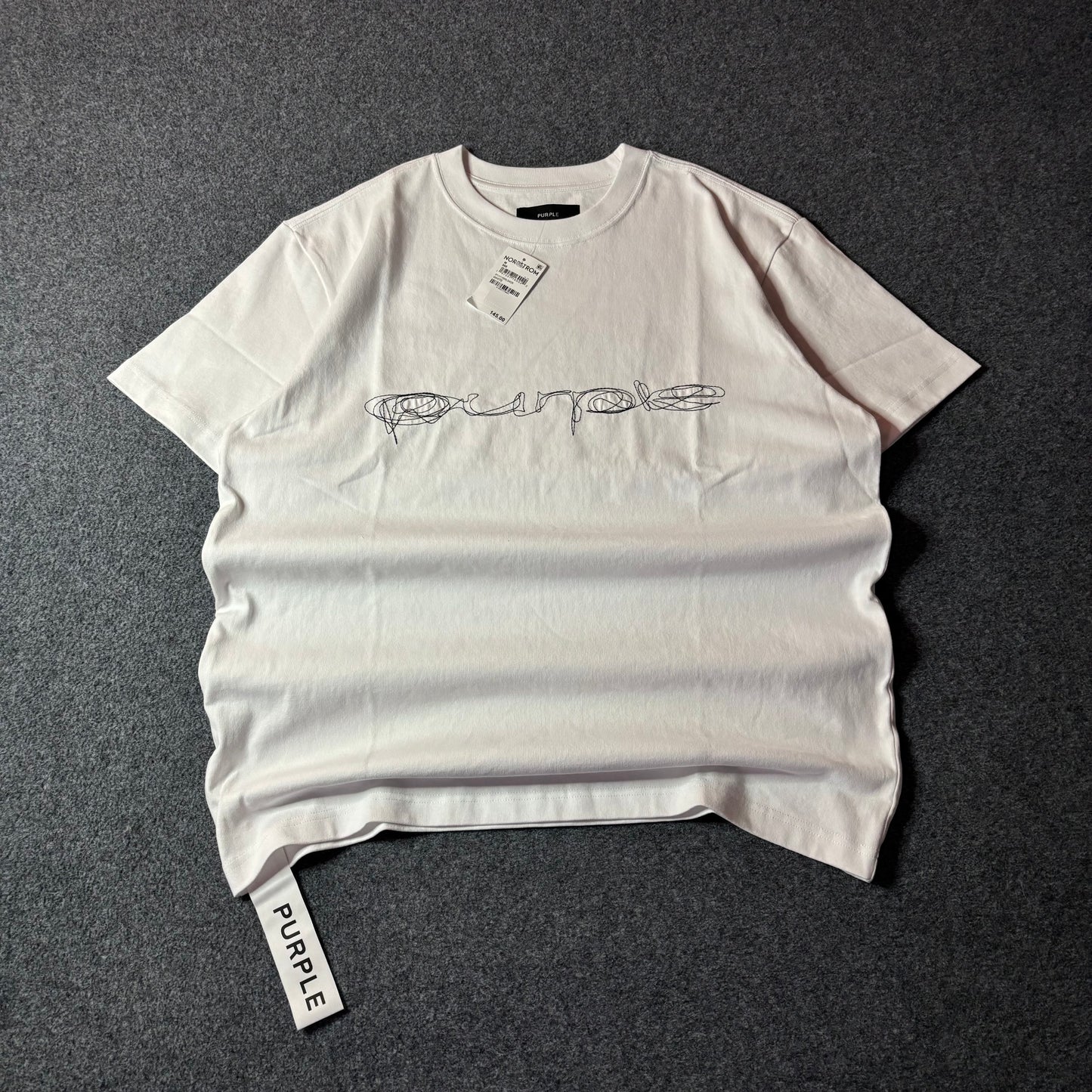Purple brand script logo white tee
