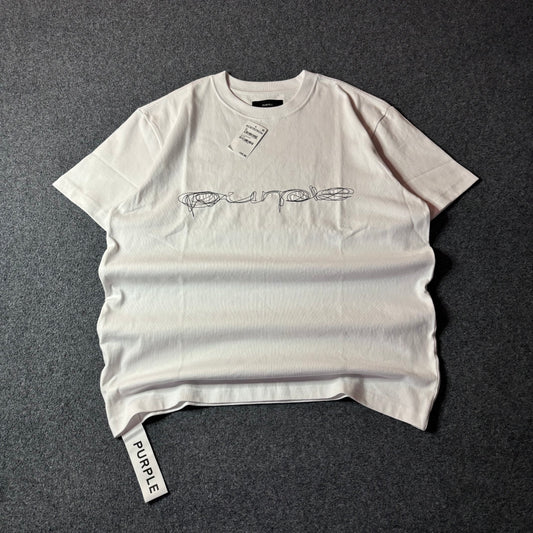 Purple brand script logo white tee