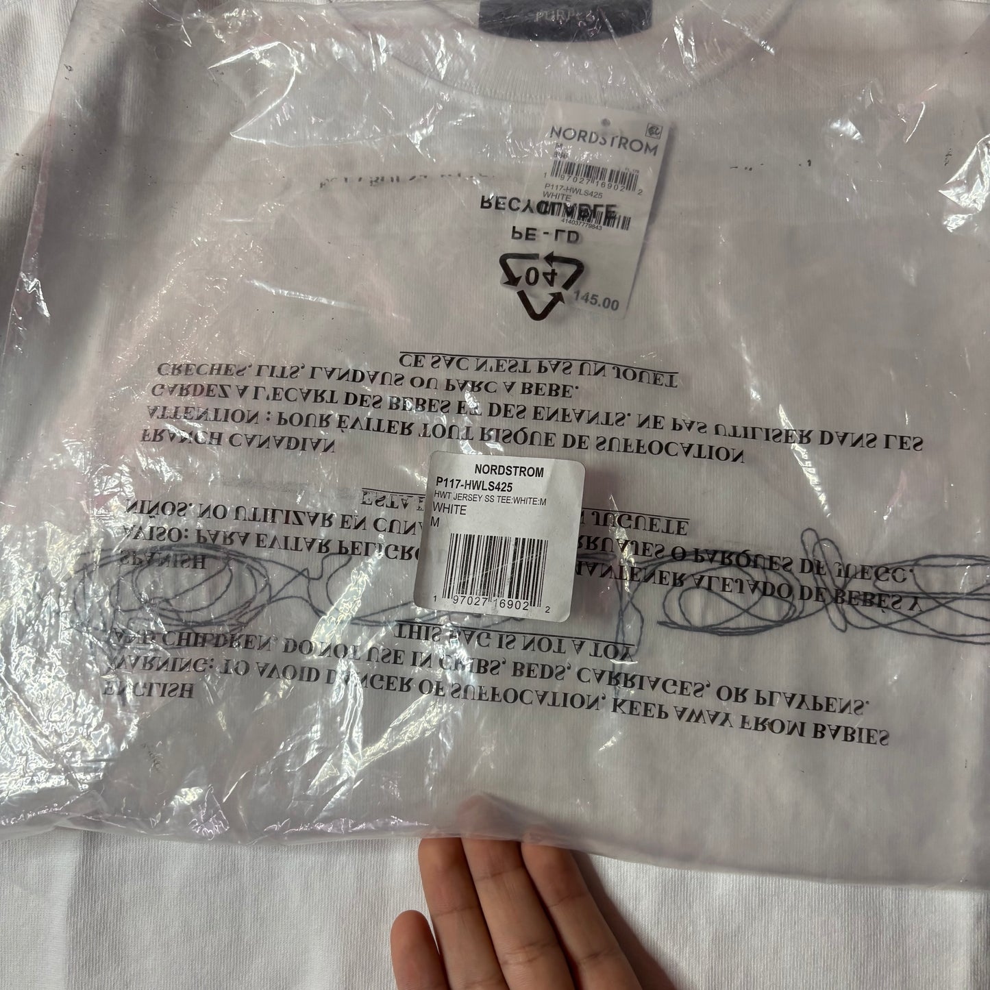 Purple brand script logo white tee