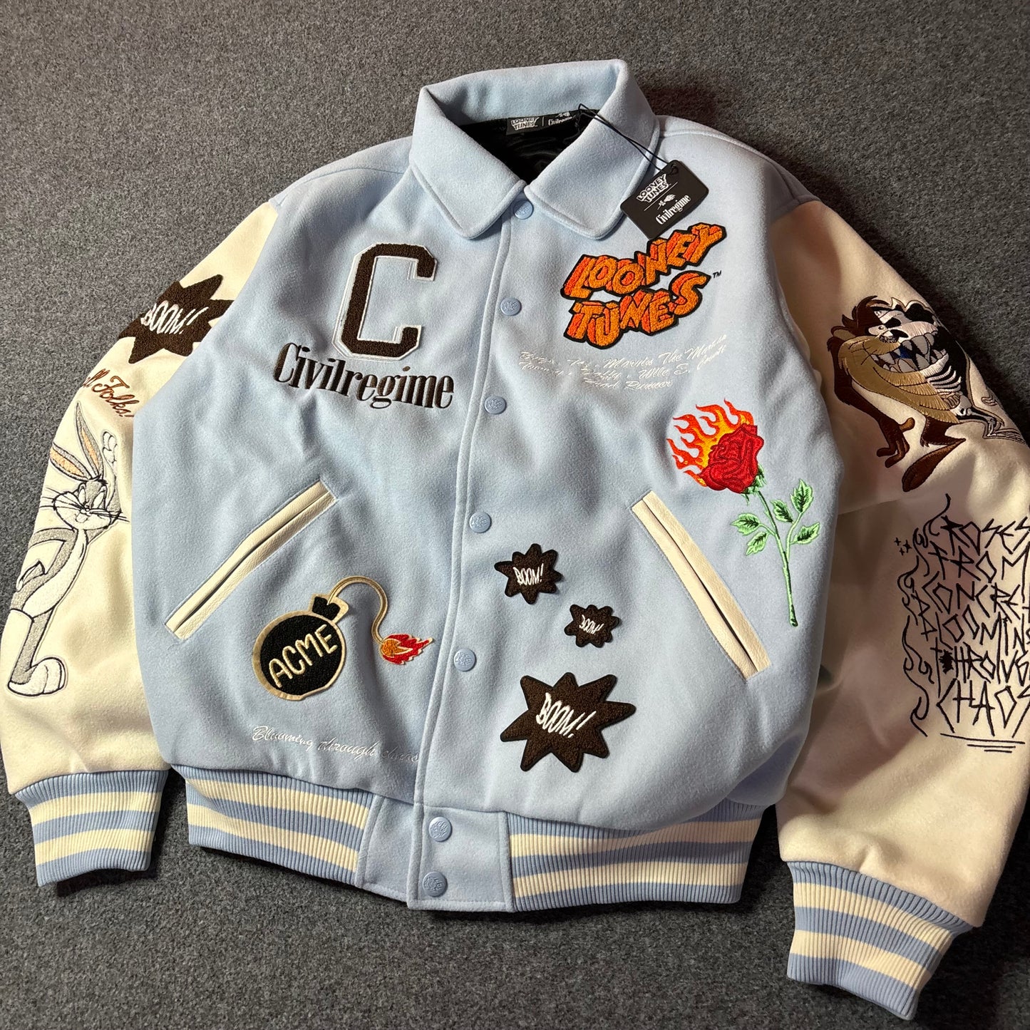 Civil Regime x Looney tunes varsity jacket light blue