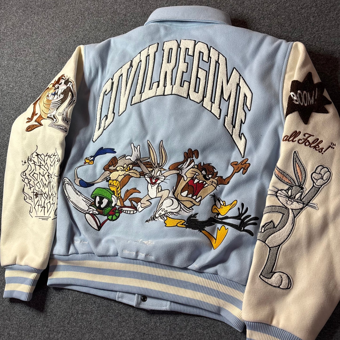 Civil Regime x Looney tunes varsity jacket light blue