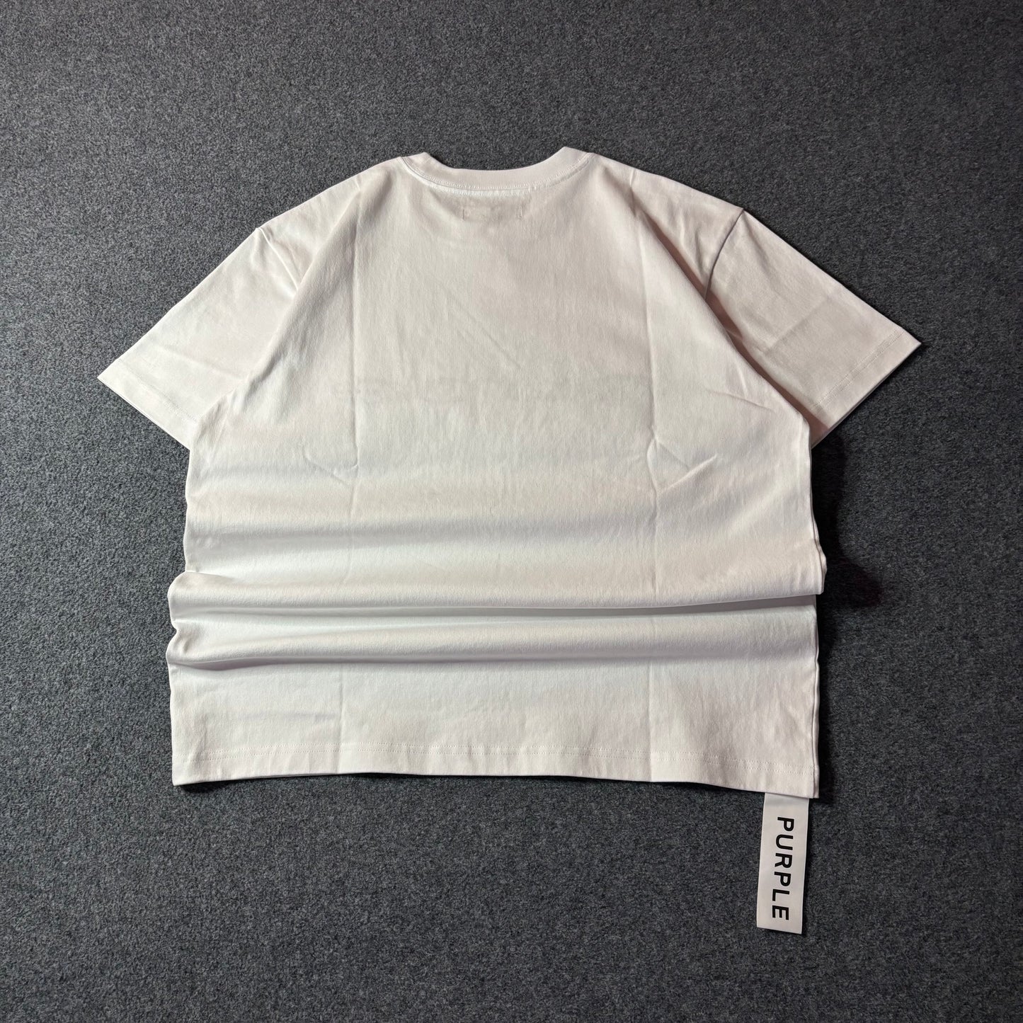 Purple brand script logo white tee