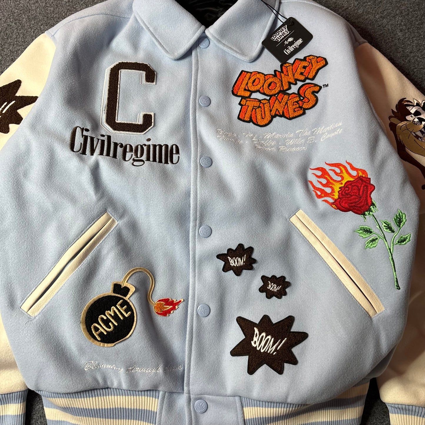 Civil Regime x Looney tunes varsity jacket light blue