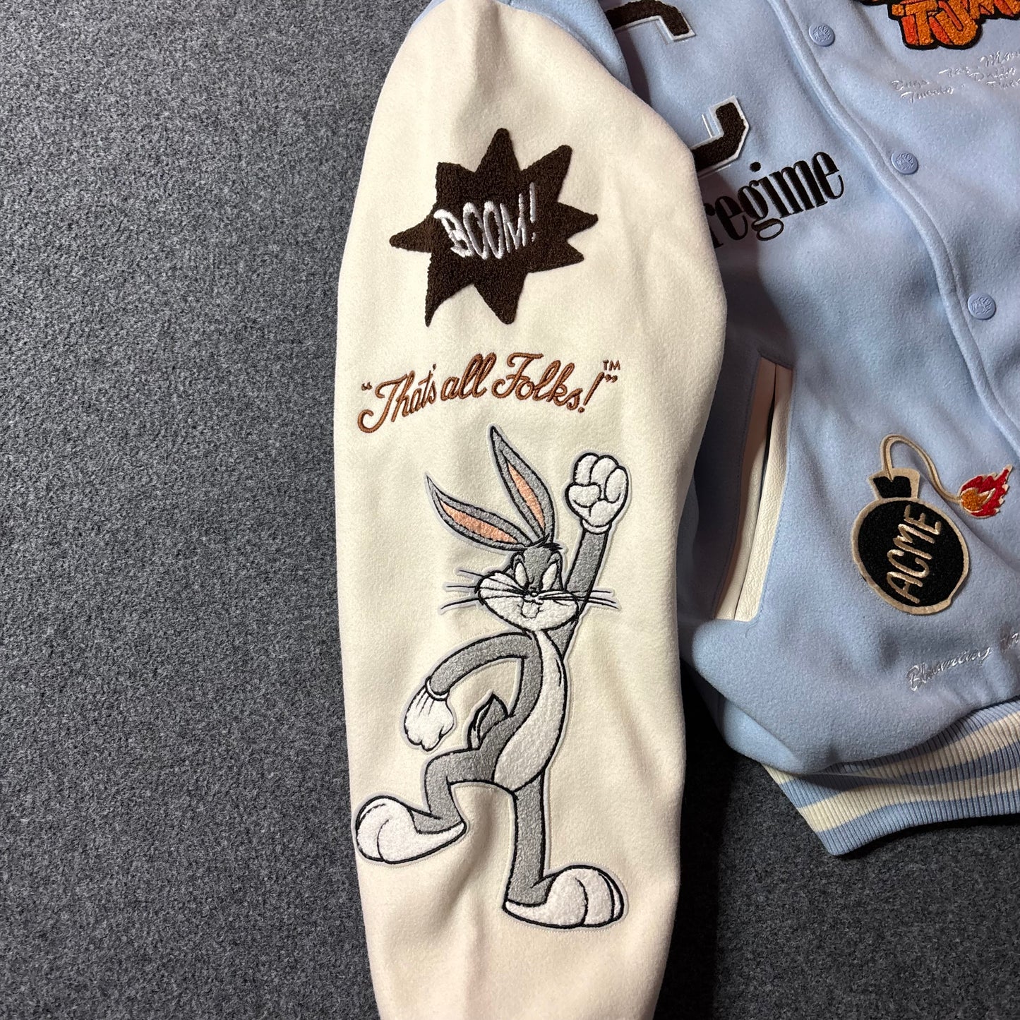 Civil Regime x Looney tunes varsity jacket light blue