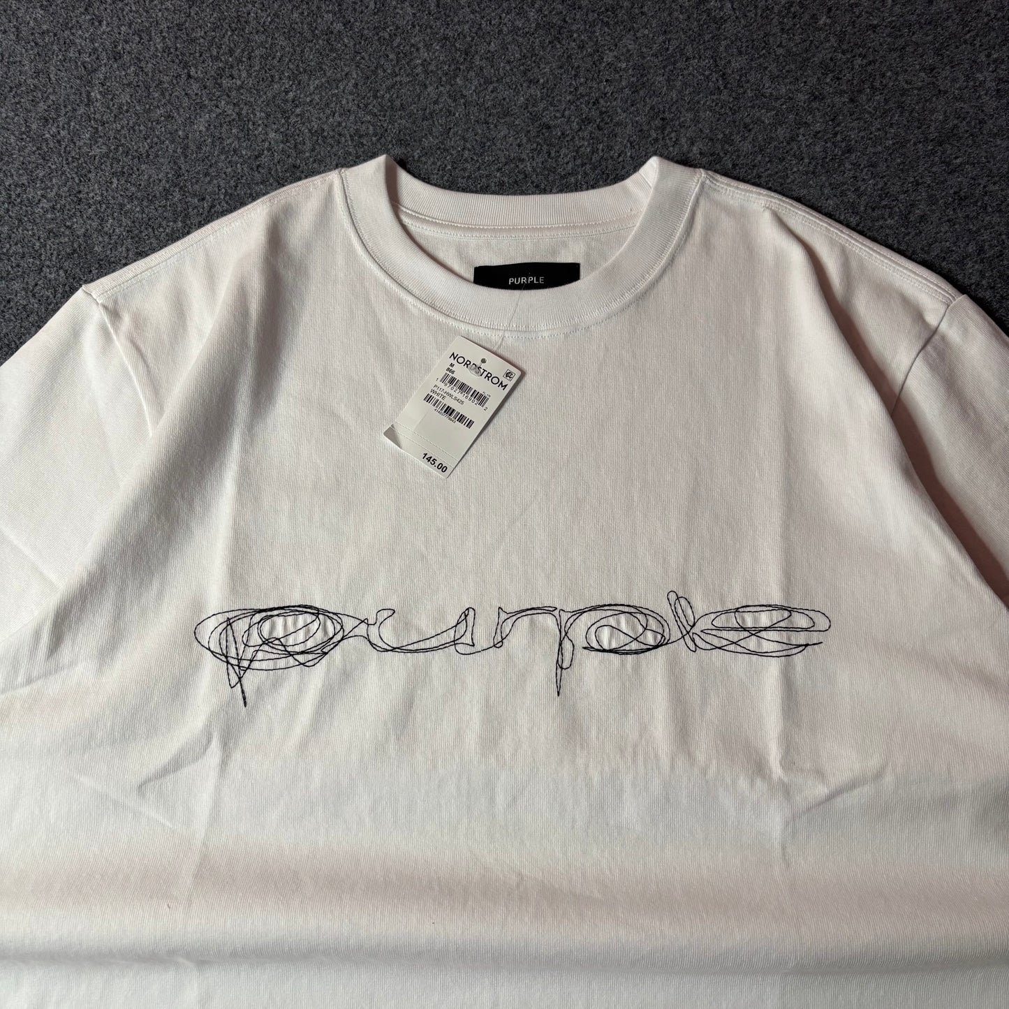 Purple brand script logo white tee