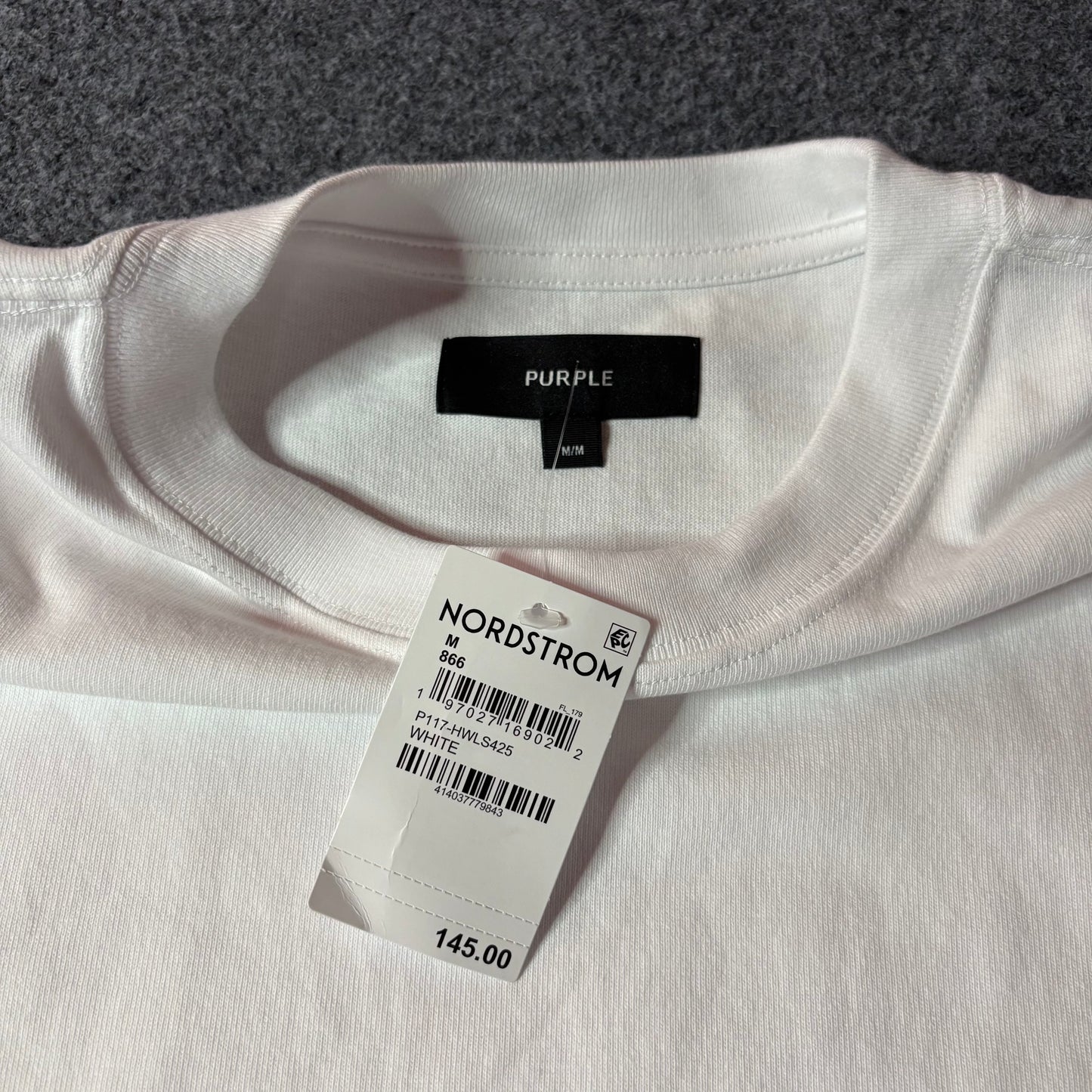 Purple brand script logo white tee