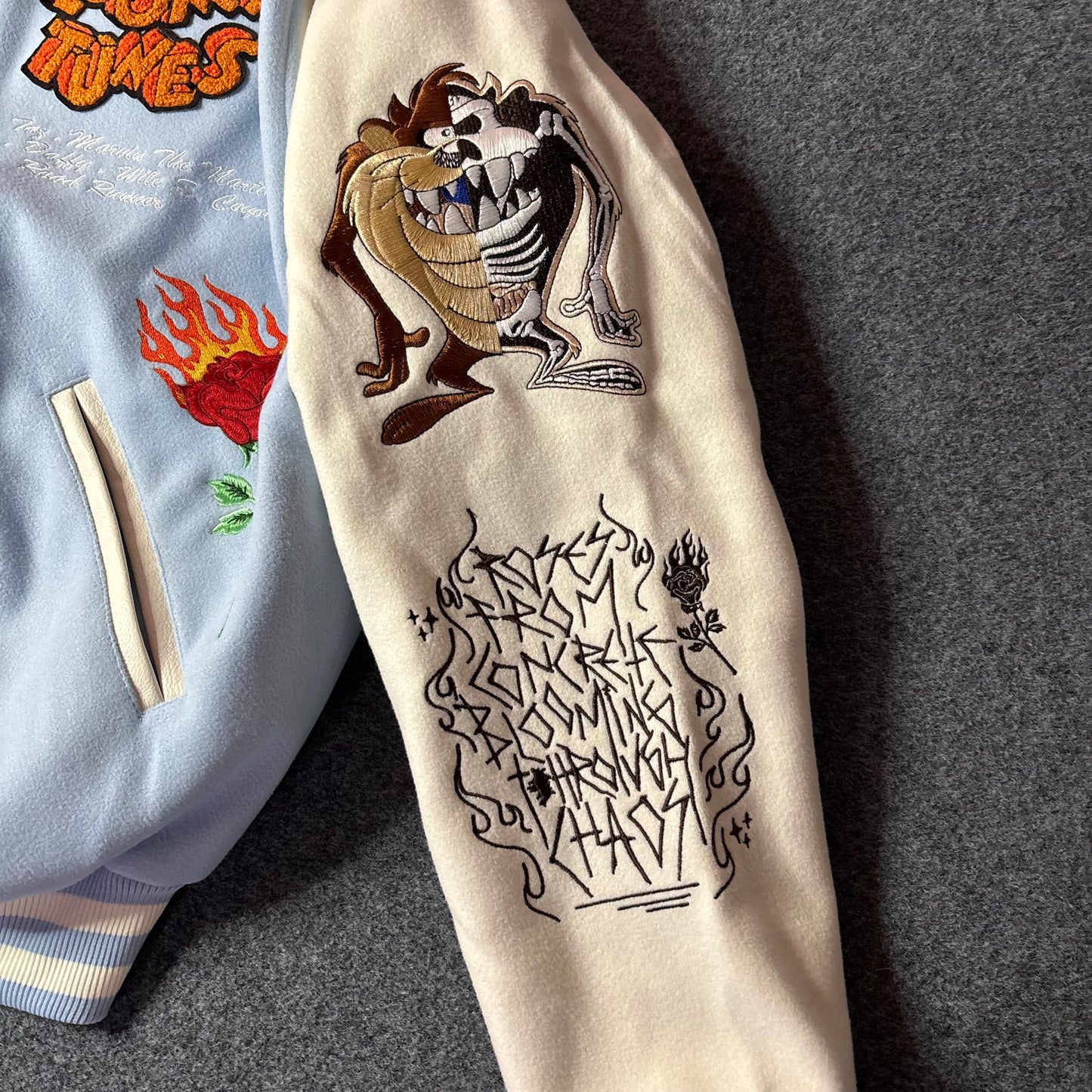 Civil Regime x Looney tunes varsity jacket light blue