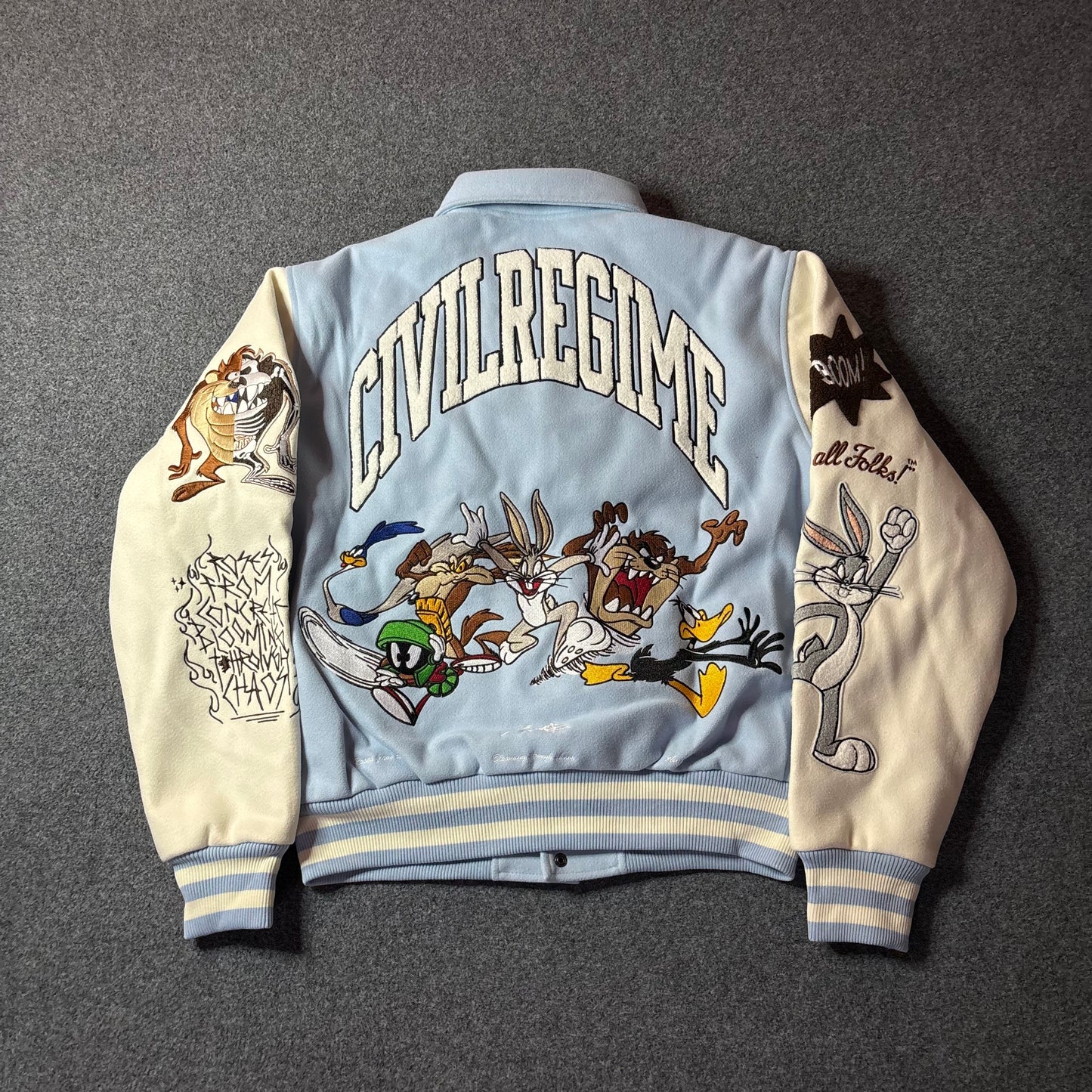 Civil Regime x Looney tunes varsity jacket light blue