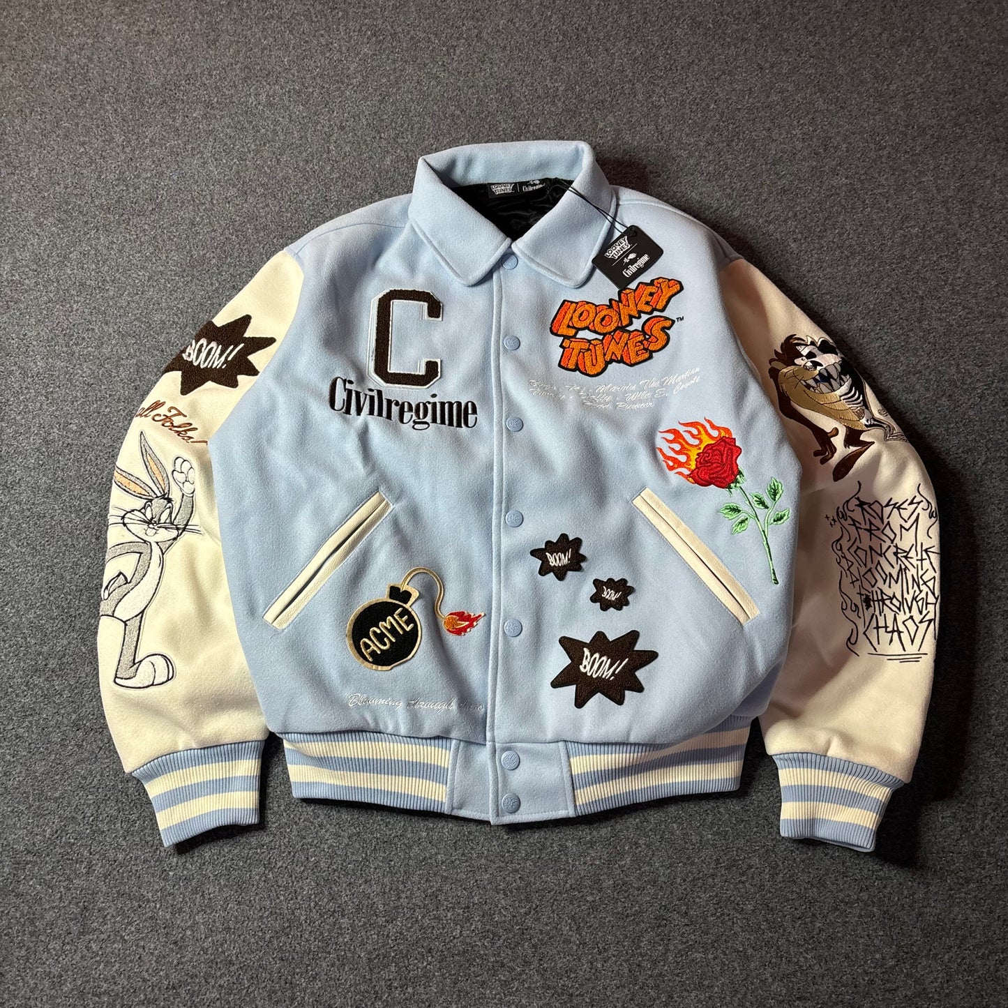Civil Regime x Looney tunes varsity jacket light blue