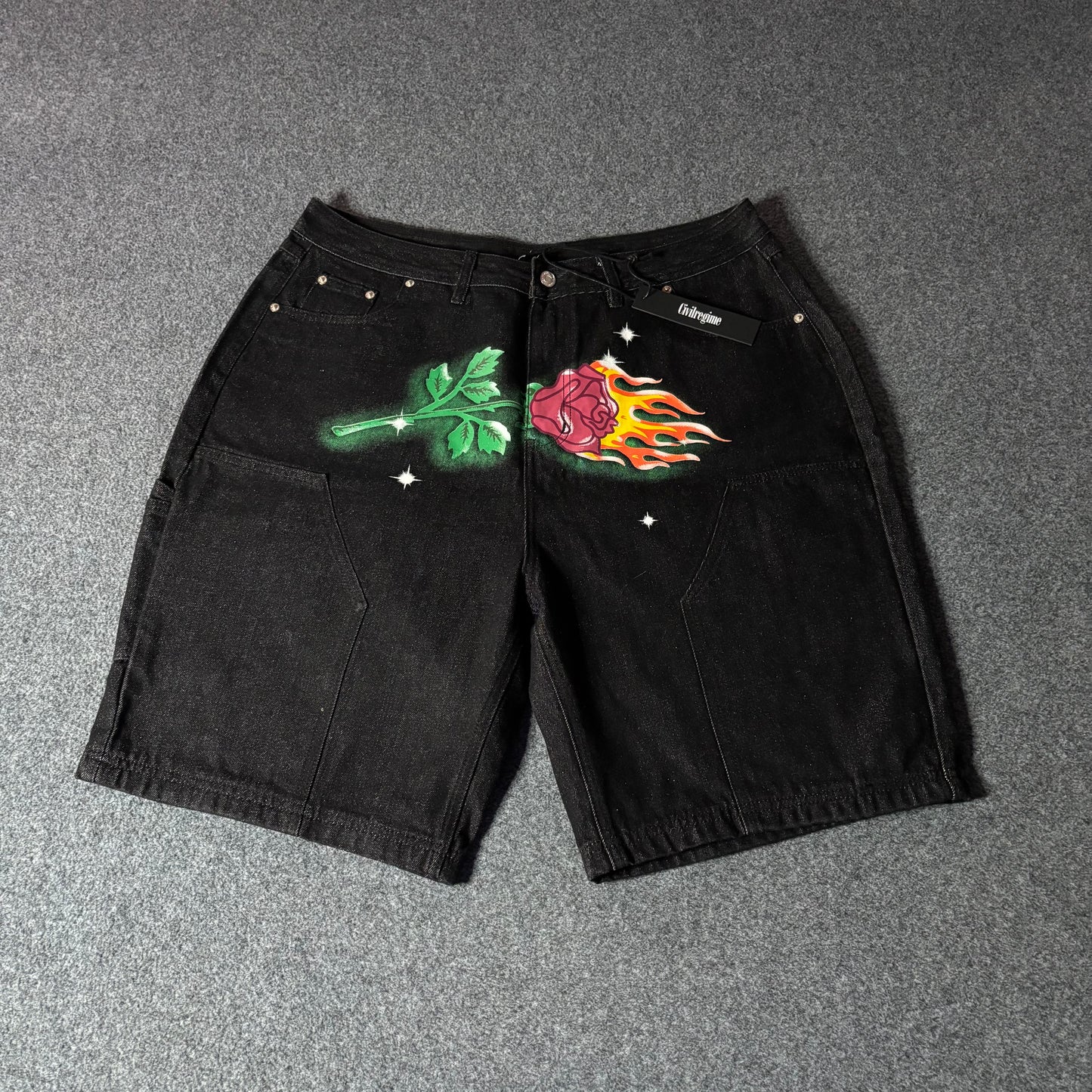 Civil Regime flower double knee black jorts