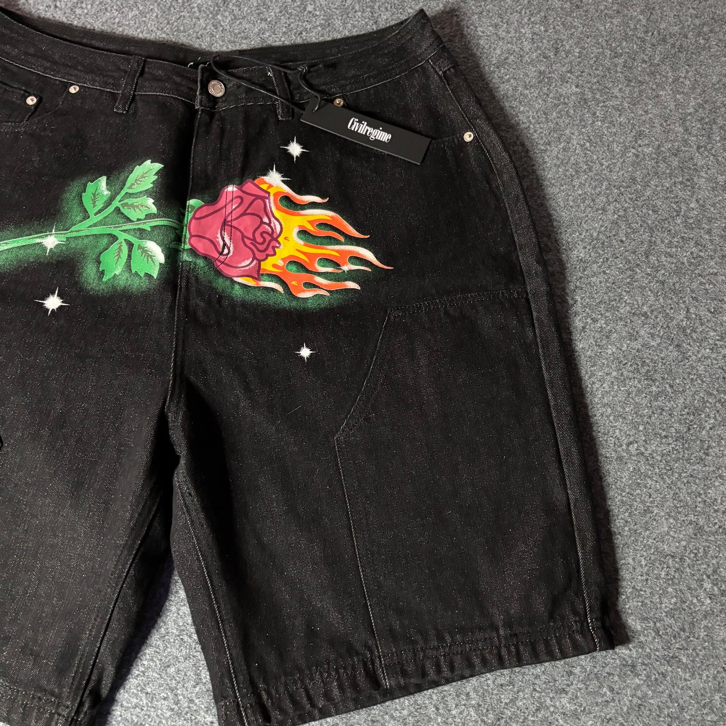 Civil Regime flower double knee black jorts