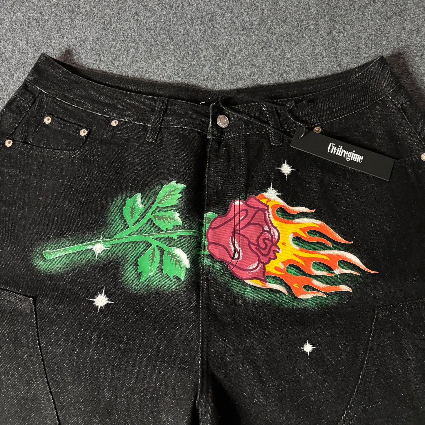 Civil Regime flower double knee black jorts