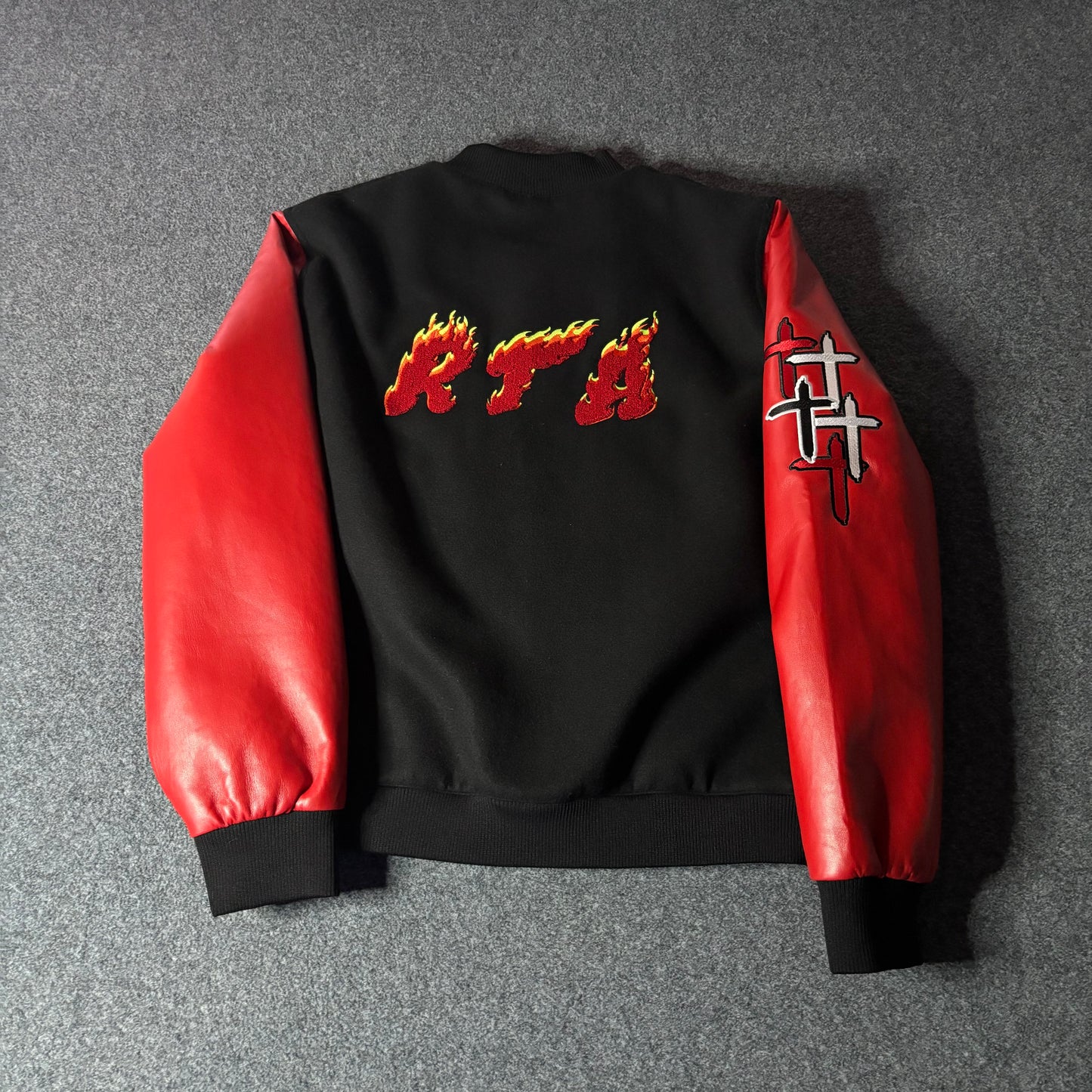 RTA varsity jacket flames logo