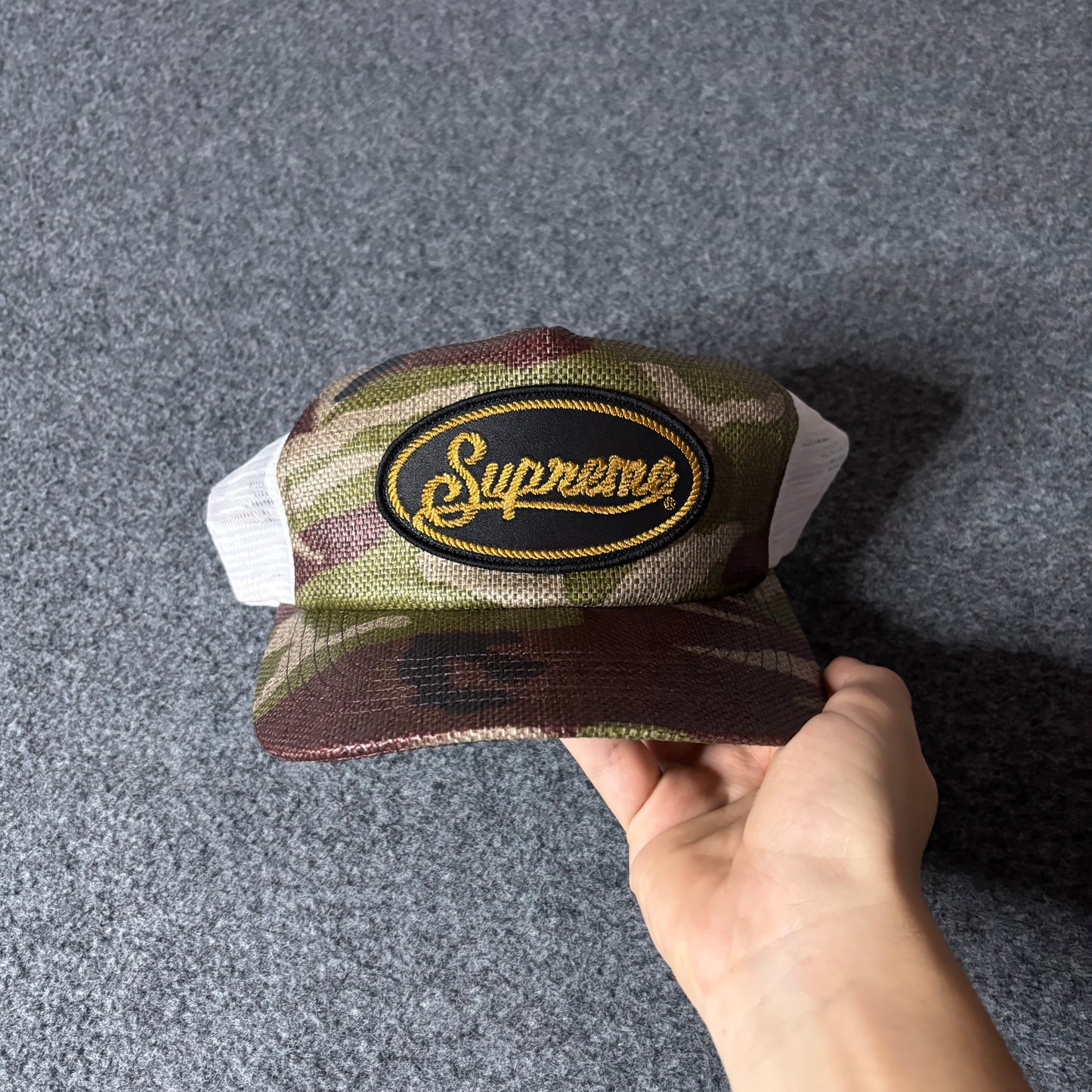 Supreme raffia mesh back 5 panel woodland camo