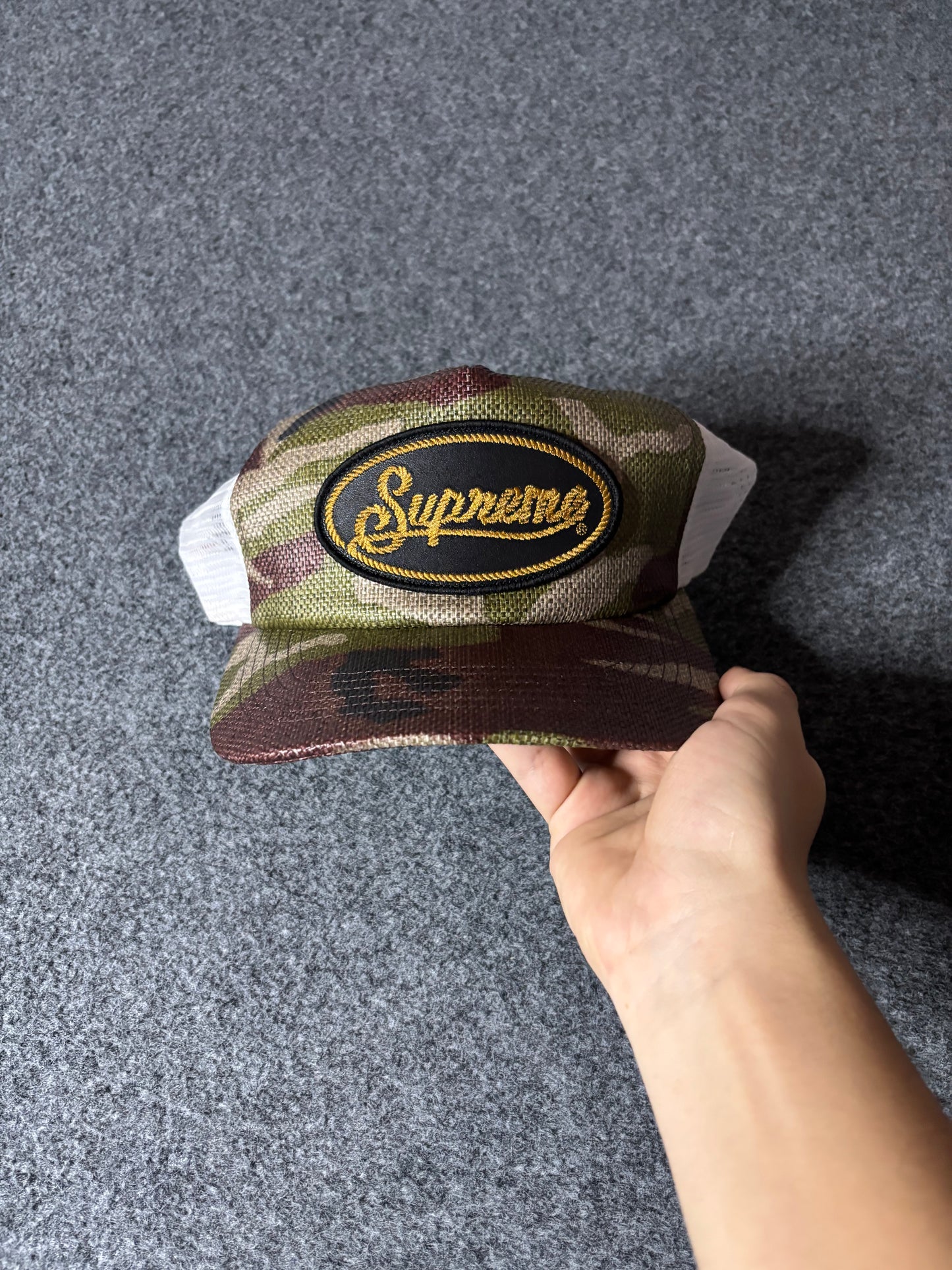 Supreme raffia mesh back 5 panel woodland camo