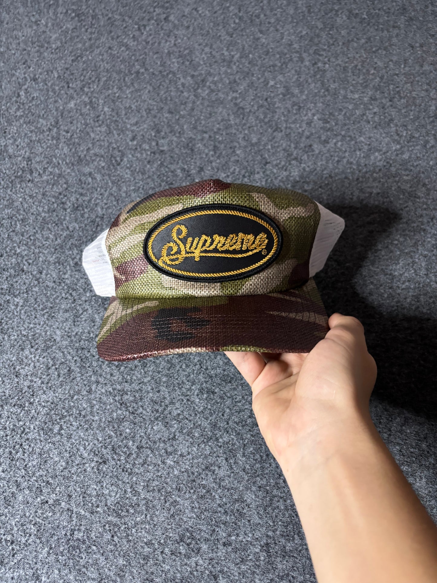 Supreme raffia mesh back 5 panel woodland camo
