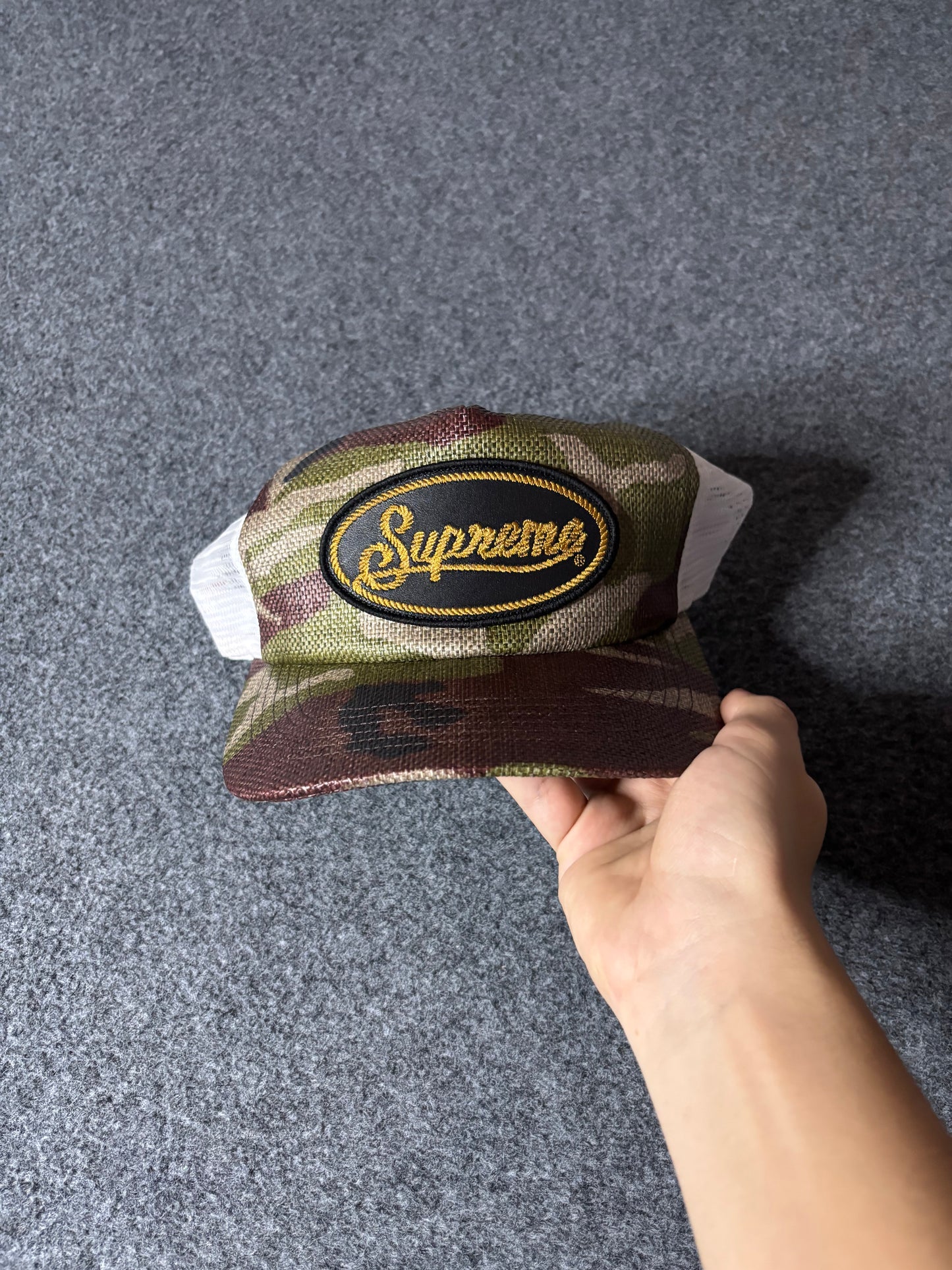 Supreme raffia mesh back 5 panel woodland camo