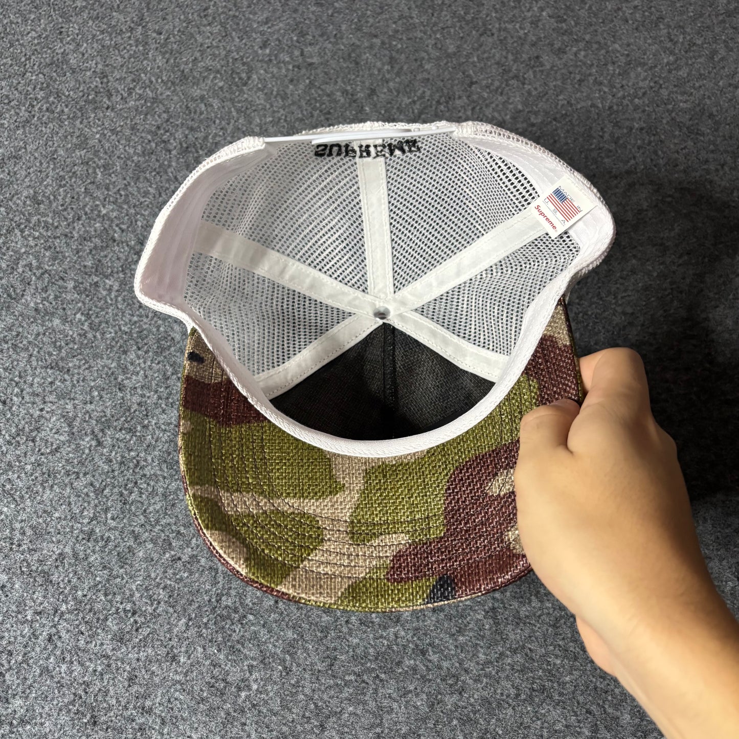 Supreme raffia mesh back 5 panel woodland camo