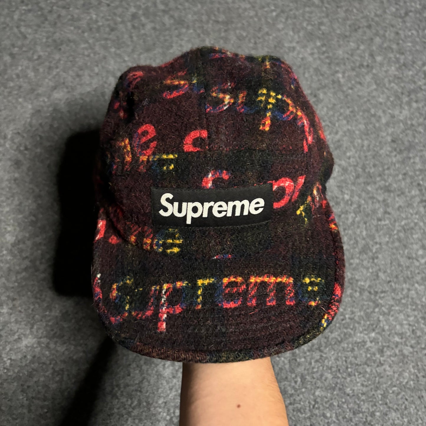 Supreme x Harris Tweed red plaid camp cap