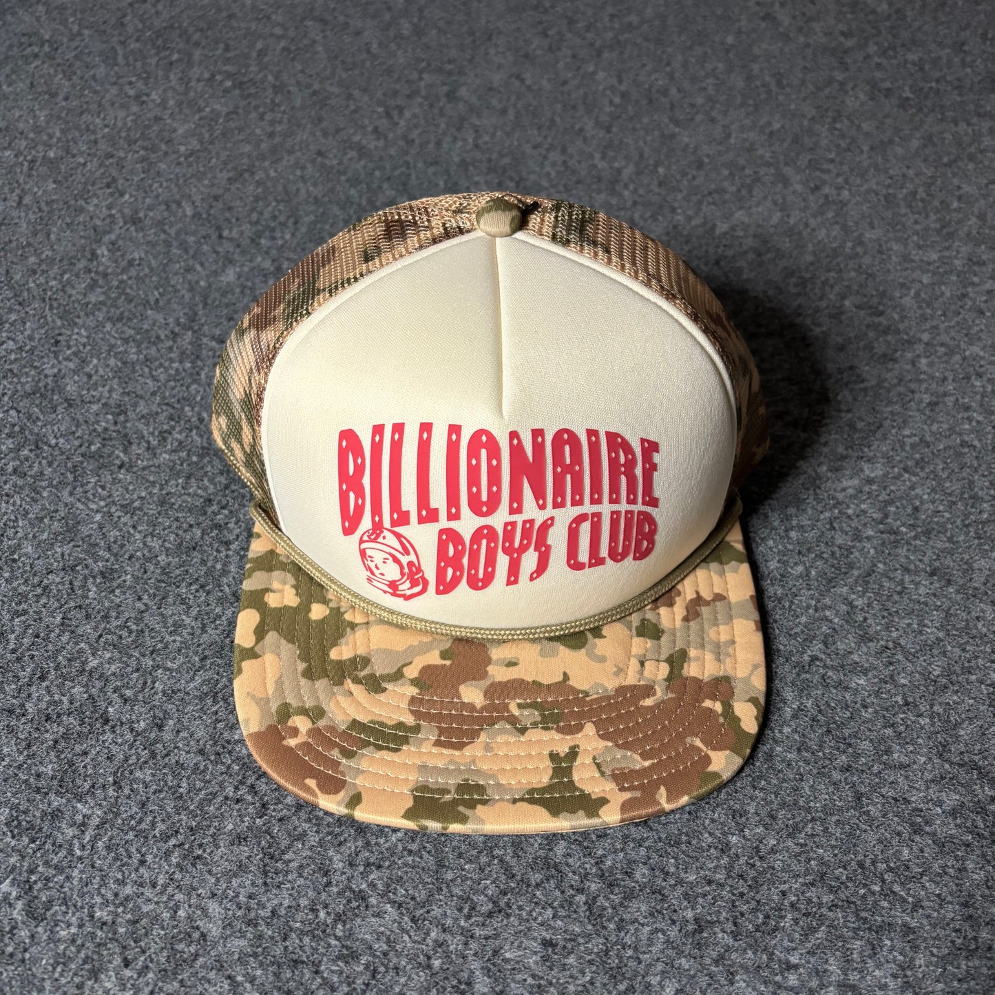 Billionaire boys club logo printed camouflage pattern trucker hat