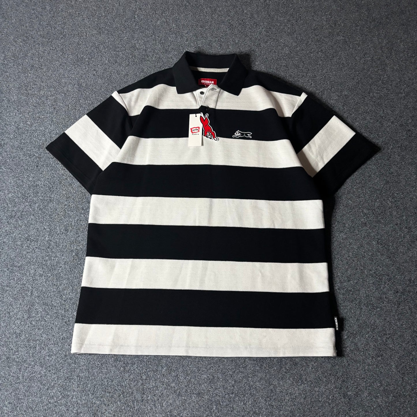 Ice Cream running dog black adn white stripes polo