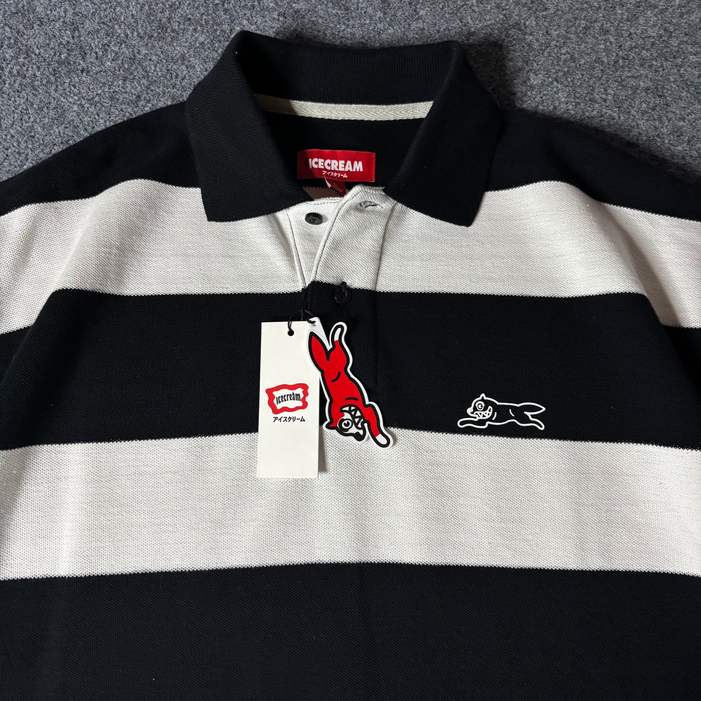 Ice Cream running dog black adn white stripes polo