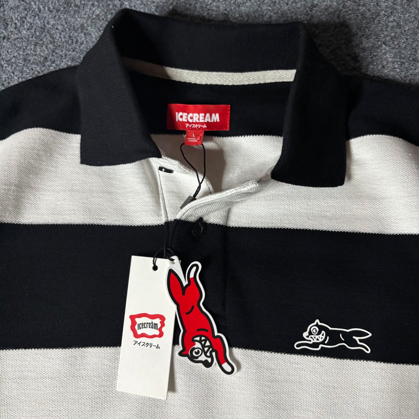 Ice Cream running dog black adn white stripes polo